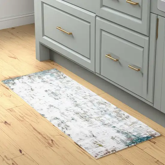 Ivory And Blue Abstract Printed Stain Resistant Non Skid Runner Rug Photo 1
