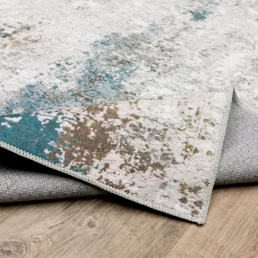 Ivory And Blue Abstract Printed Stain Resistant Non Skid Runner Rug Photo 9