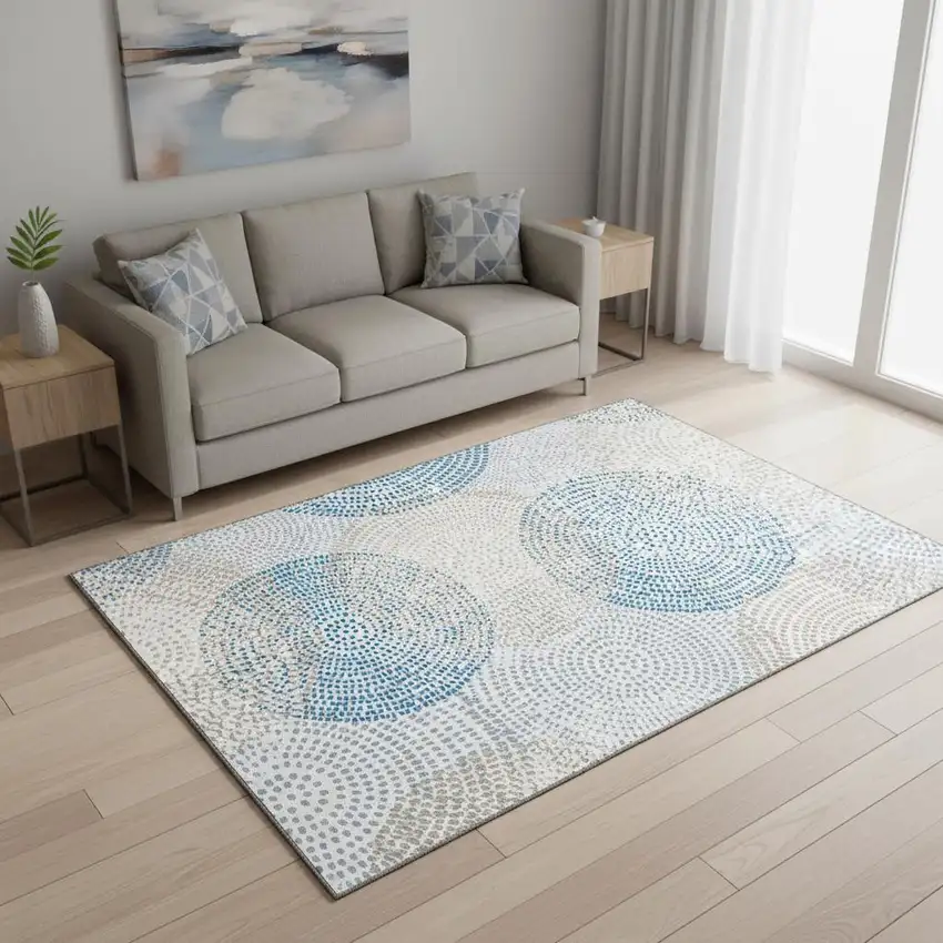 Ivory And Blue Abstract Washable Area Rug With UV Protection Photo 2