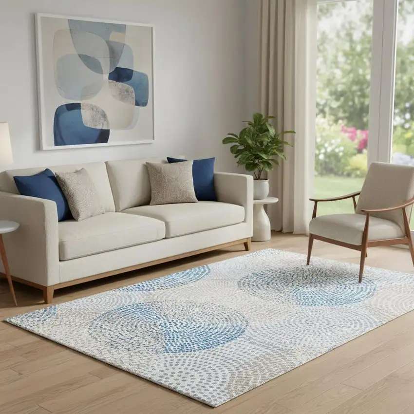 Ivory And Blue Abstract Washable Area Rug With UV Protection Photo 1
