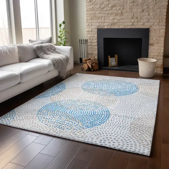 Ivory And Blue Abstract Washable Area Rug With UV Protection Photo 5