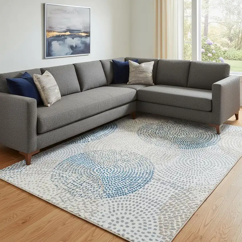 Ivory And Blue Abstract Washable Area Rug With UV Protection Photo 1