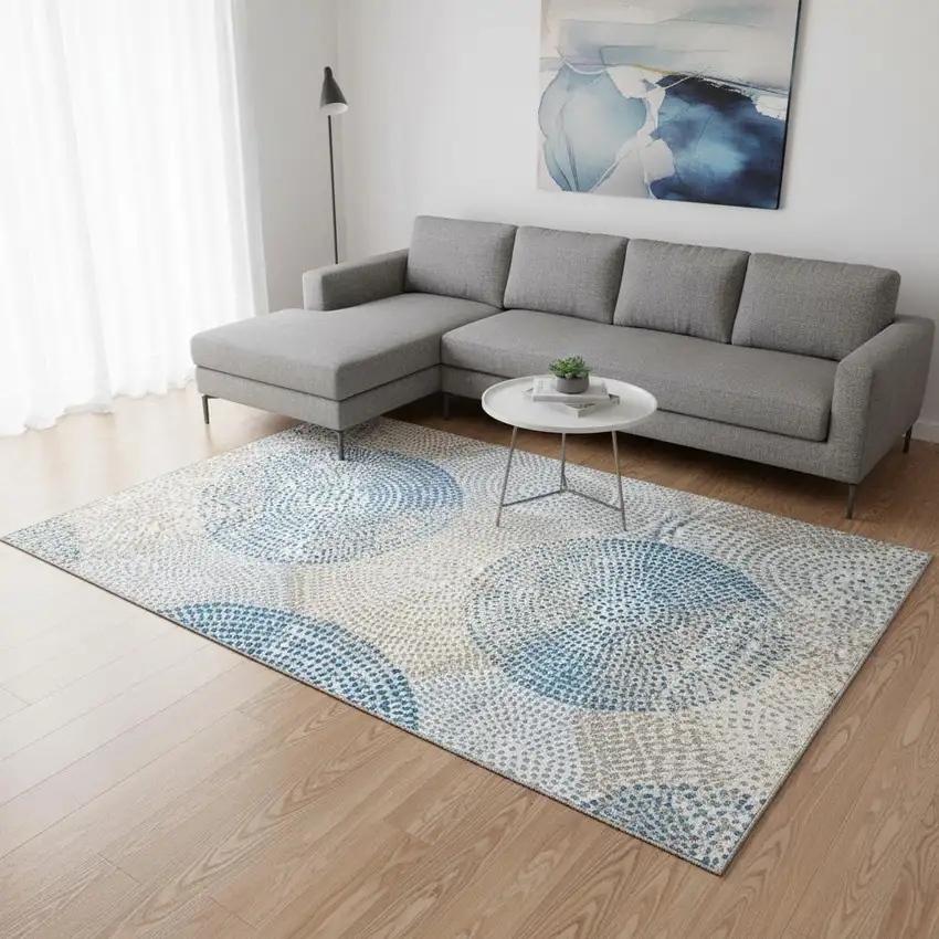 Ivory And Blue Abstract Washable Area Rug With UV Protection Photo 2