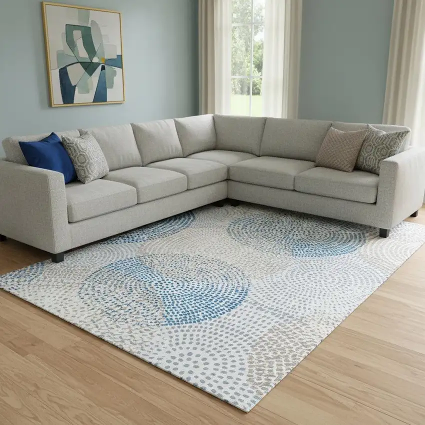 Ivory And Blue Abstract Washable Area Rug With UV Protection Photo 1