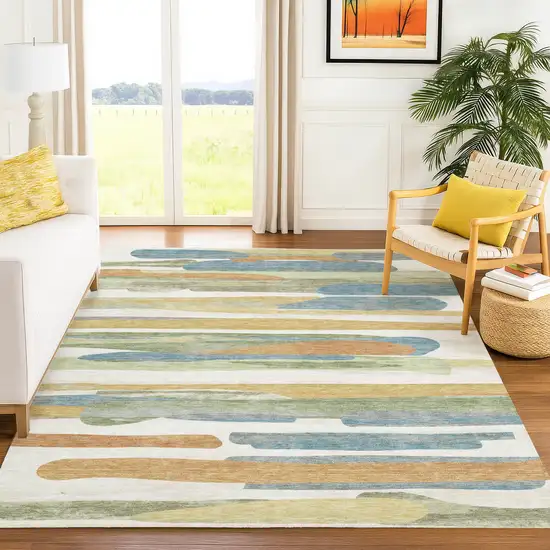 Ivory And Blue Abstract Washable Indoor Outdoor Area Rug Photo 6