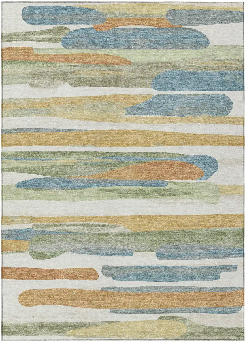 Ivory And Blue Abstract Washable Indoor Outdoor Area Rug Photo 1
