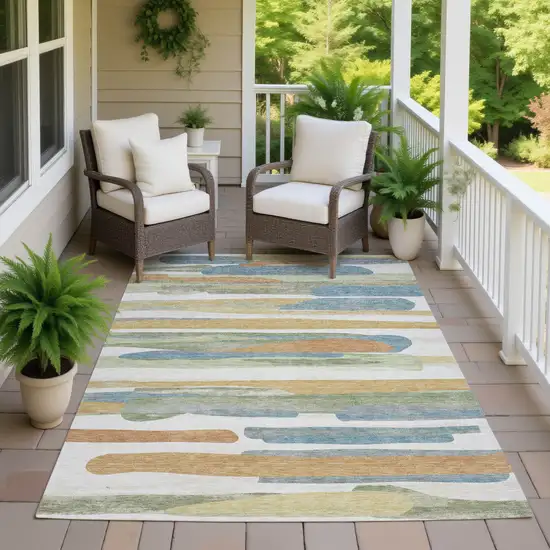 Ivory And Blue Abstract Washable Indoor Outdoor Area Rug Photo 7