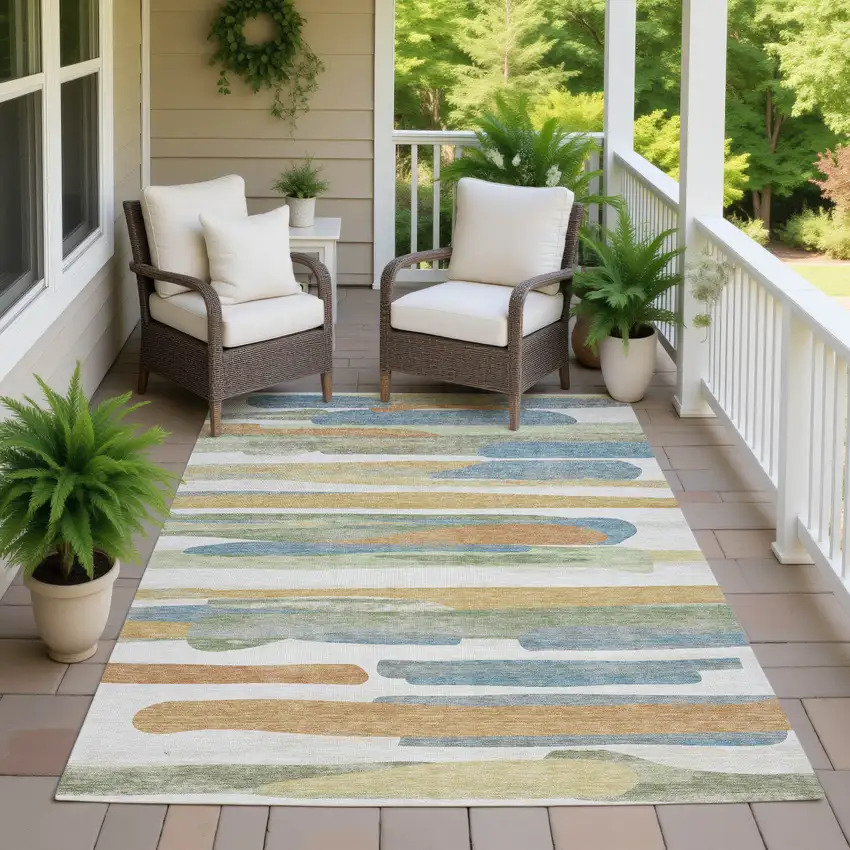 Ivory And Blue Abstract Washable Indoor Outdoor Area Rug Photo 7