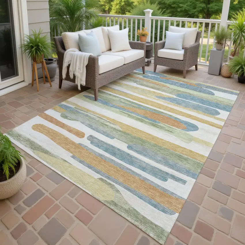 Ivory And Blue Abstract Washable Indoor Outdoor Area Rug Photo 4