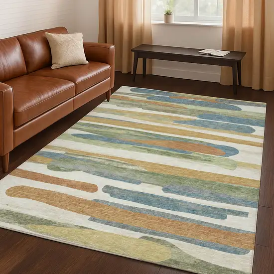 Ivory And Blue Abstract Washable Indoor Outdoor Area Rug Photo 5