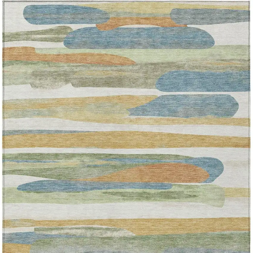 Ivory And Blue Abstract Washable Indoor Outdoor Area Rug Photo 3