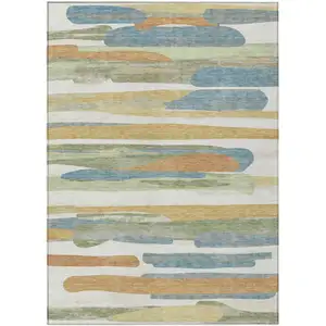 Photo of Ivory And Blue Abstract Washable Indoor Outdoor Area Rug