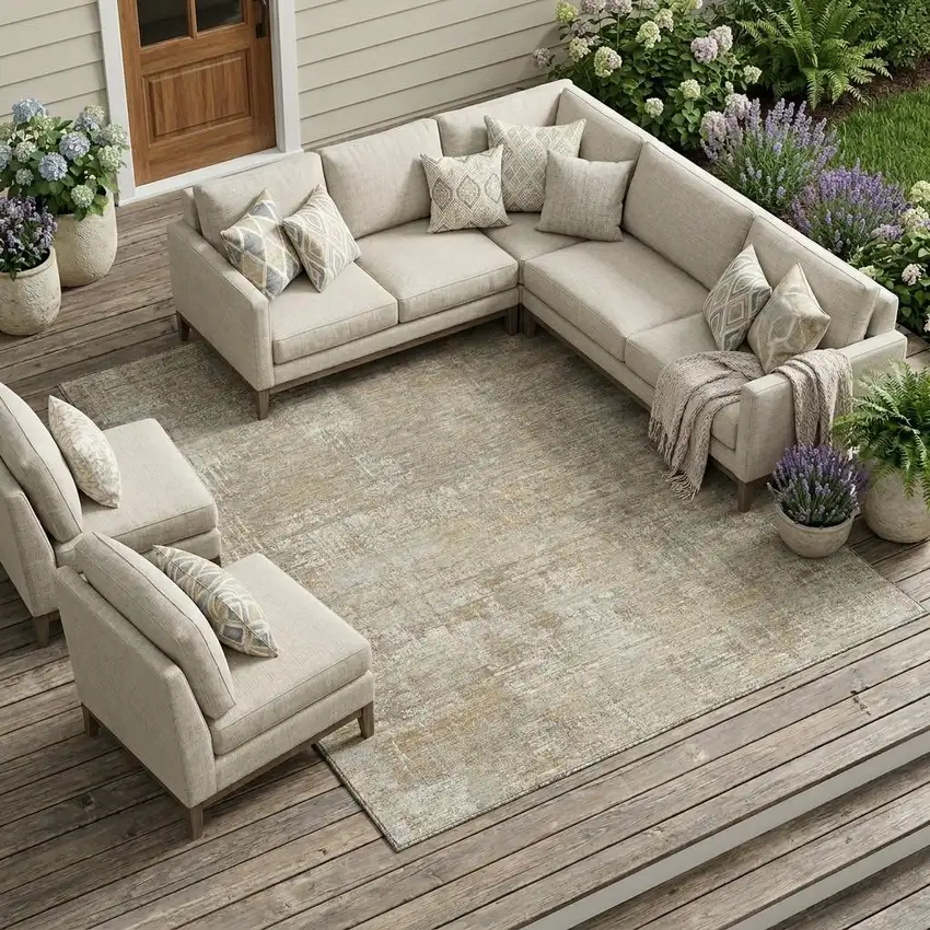 Ivory And Blue Abstract Washable Indoor Outdoor Area Rug Photo 1