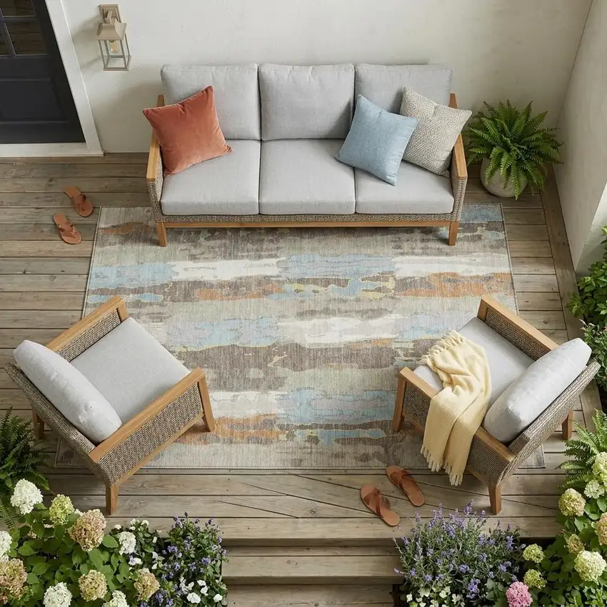 Ivory And Blue Abstract Washable Indoor Outdoor Area Rug Photo 1