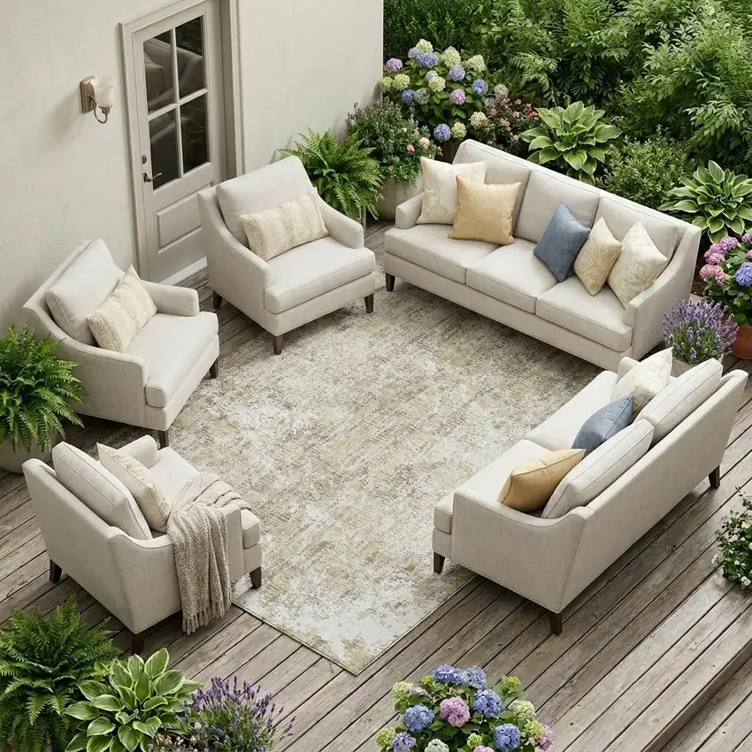Ivory And Blue Abstract Washable Indoor Outdoor Area Rug Photo 1
