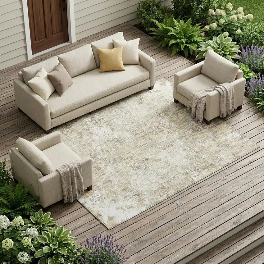Ivory And Blue Abstract Washable Indoor Outdoor Area Rug Photo 1