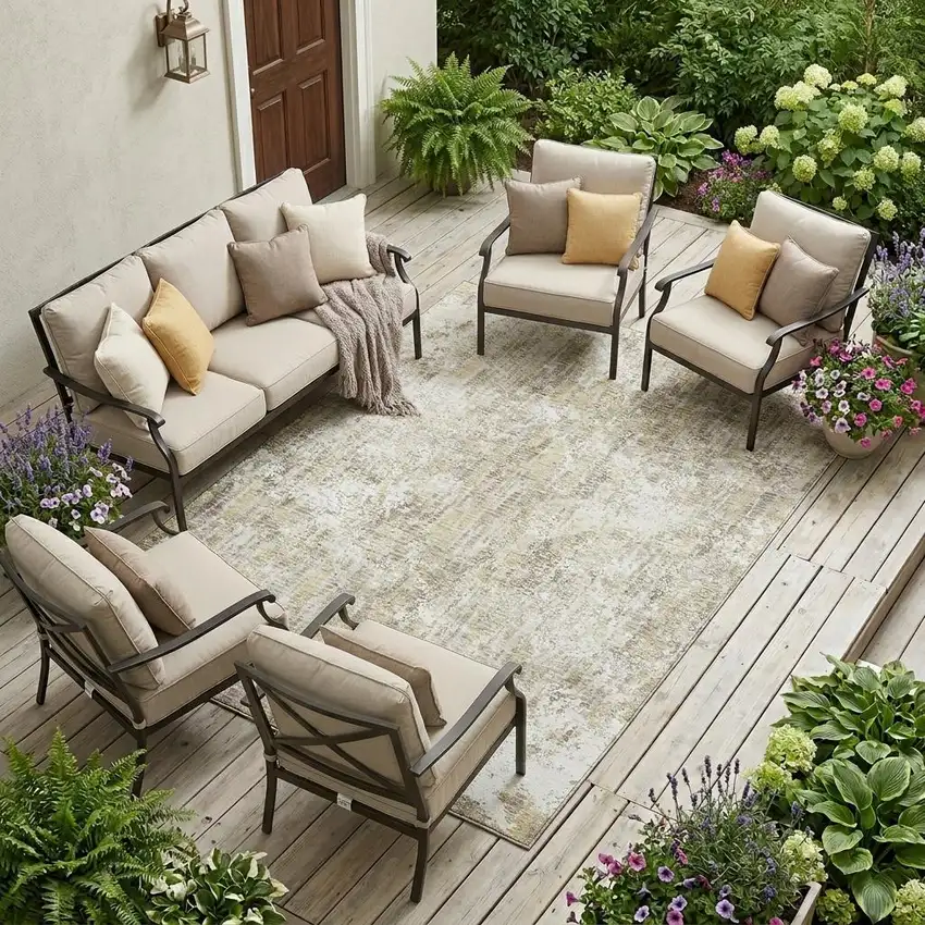 Ivory And Blue Abstract Washable Indoor Outdoor Area Rug Photo 1