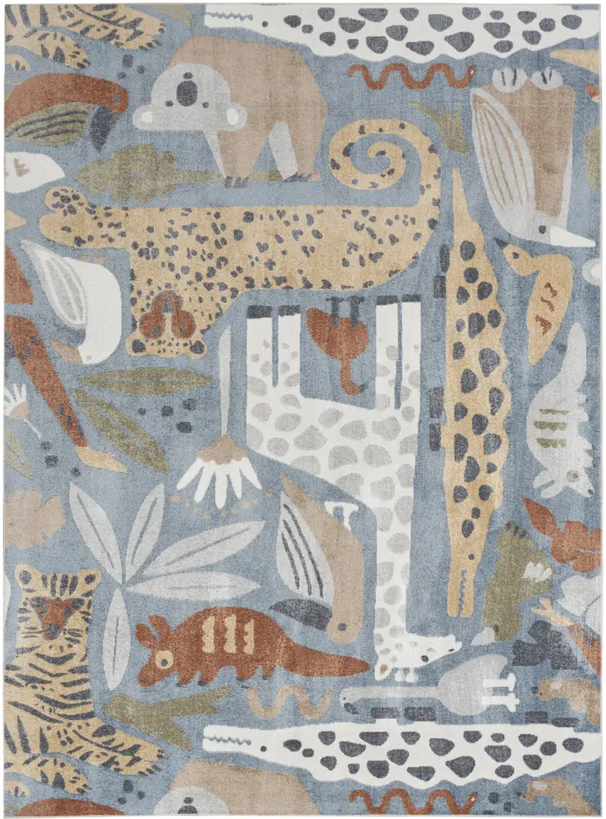 Ivory And Blue Animal Print Area Rug Photo 7