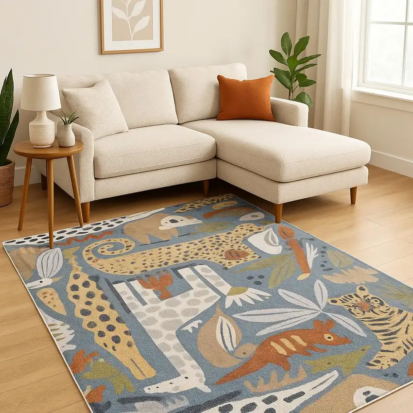 Ivory And Blue Animal Print Area Rug Photo 1