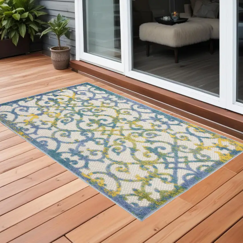 Ivory And Blue Damask Non Skid Indoor Outdoor Area Rug Photo 1