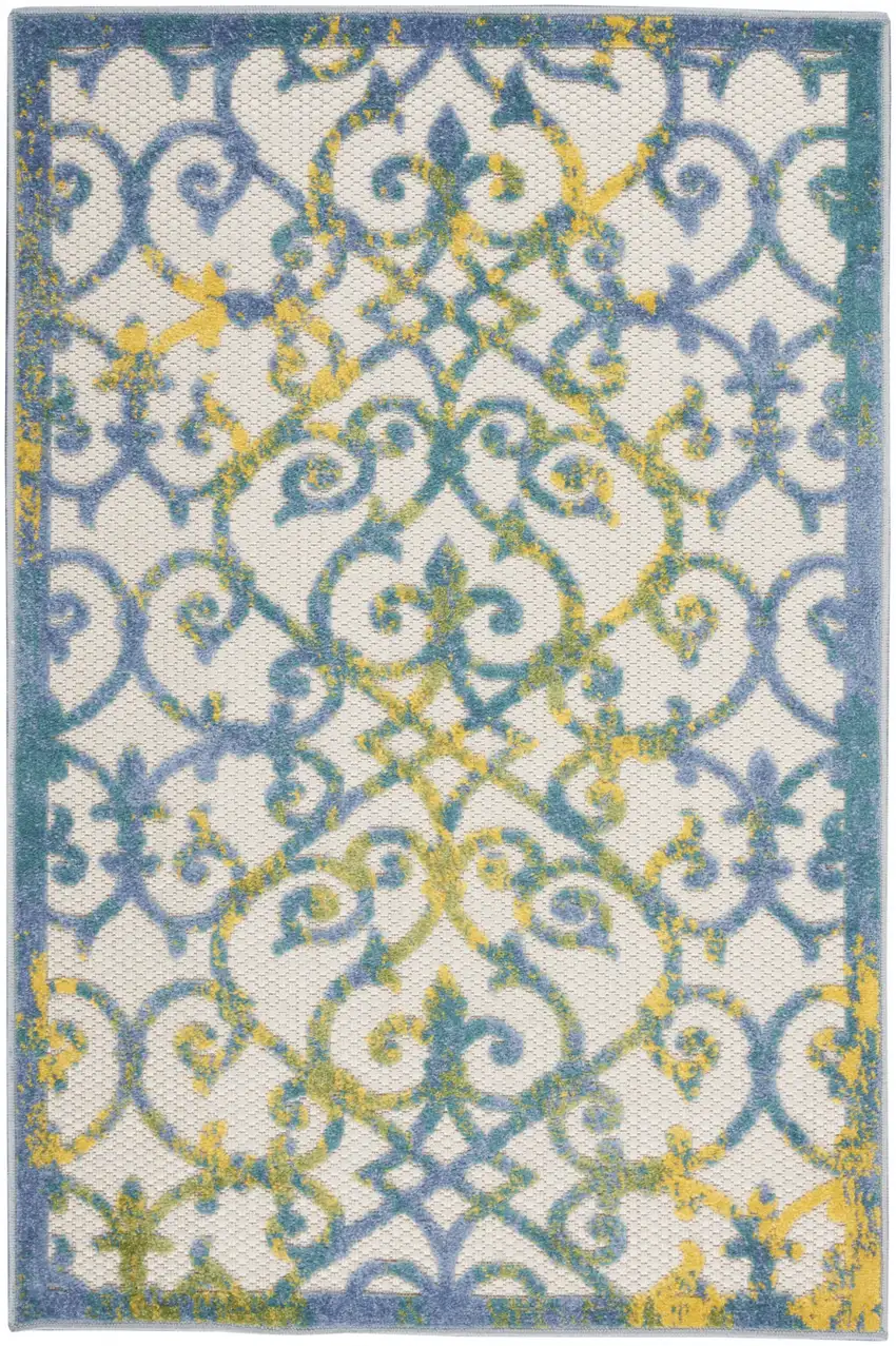 Ivory And Blue Damask Non Skid Indoor Outdoor Area Rug Photo 1