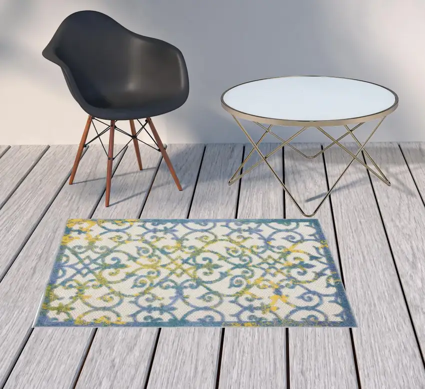 Ivory And Blue Damask Non Skid Indoor Outdoor Area Rug Photo 2