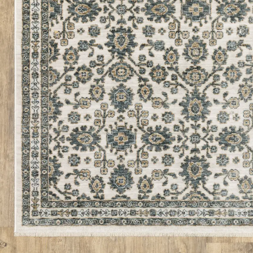 Ivory And Blue Floral Area Rug With Fringe Photo 4
