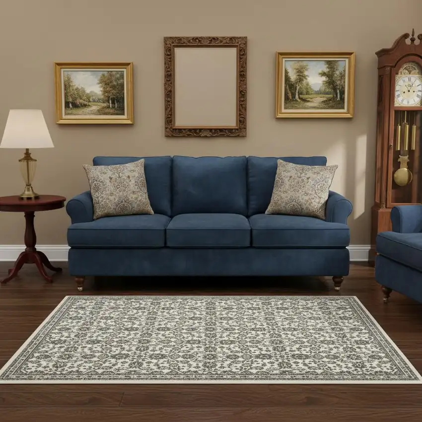 Ivory And Blue Floral Area Rug With Fringe Photo 1