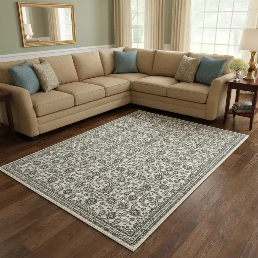 Ivory And Blue Floral Area Rug With Fringe Photo 1