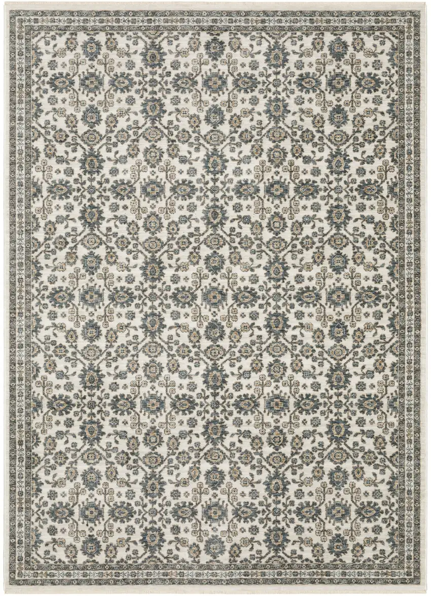 Ivory And Blue Floral Area Rug With Fringe Photo 2