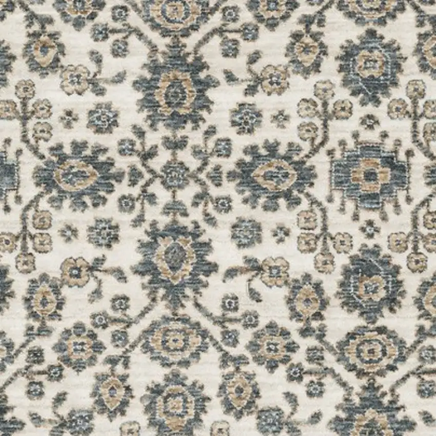 Ivory And Blue Floral Area Rug With Fringe Photo 5