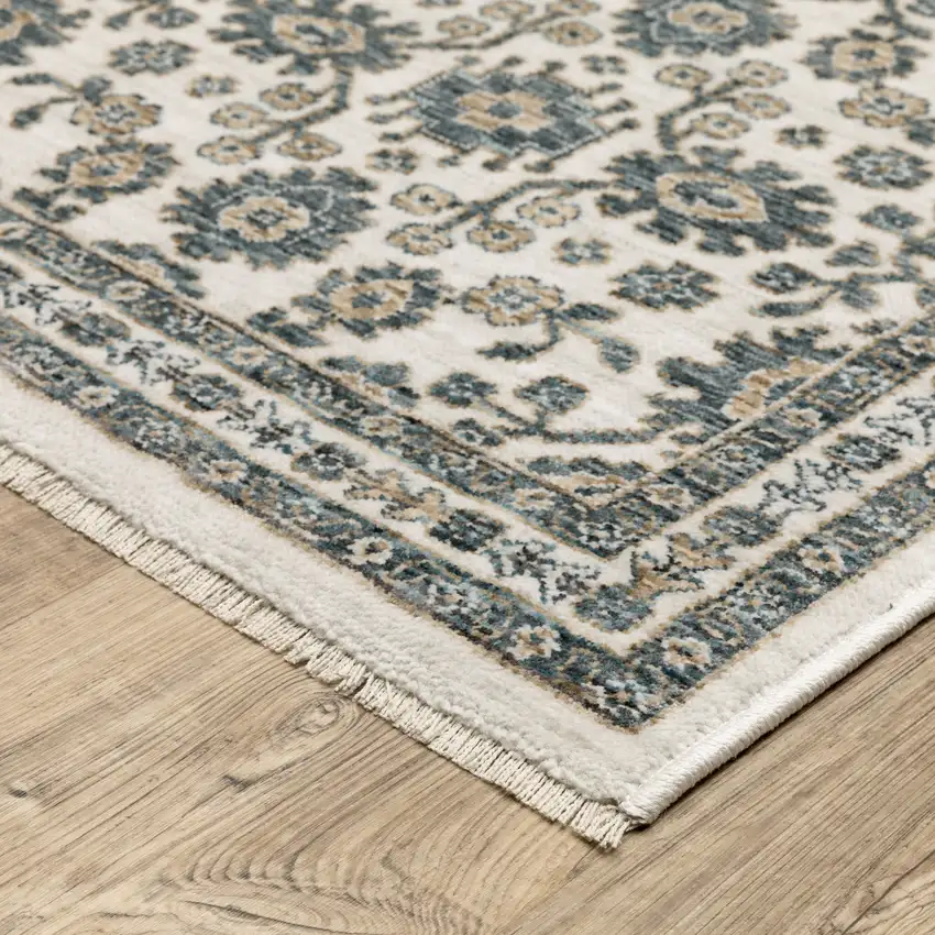Ivory And Blue Floral Area Rug With Fringe Photo 3