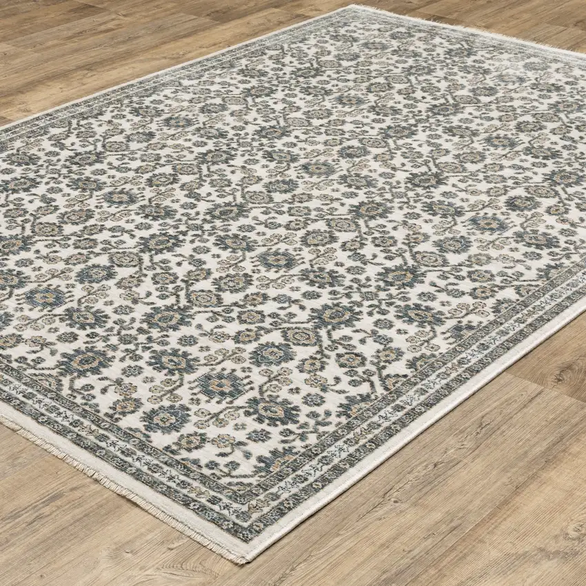 Ivory And Blue Floral Area Rug With Fringe Photo 7