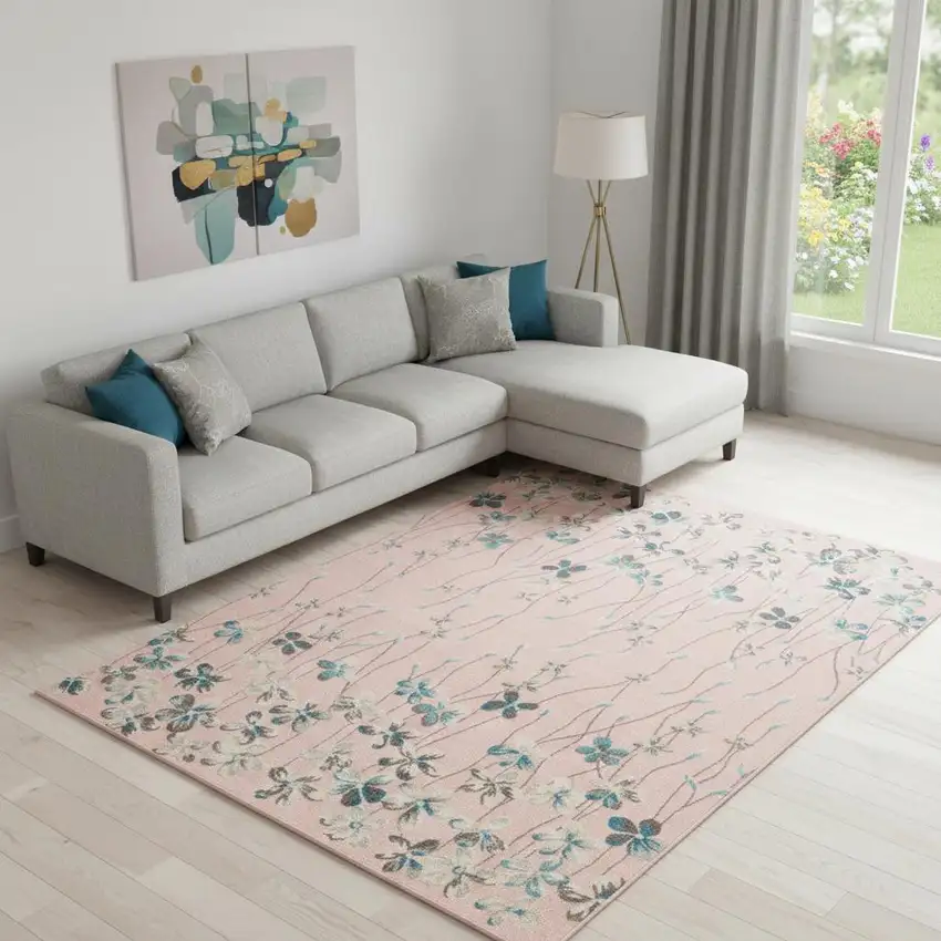Ivory And Blue Floral Area Rug Photo 1