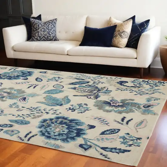 Ivory And Blue Floral Area Rug Photo 1