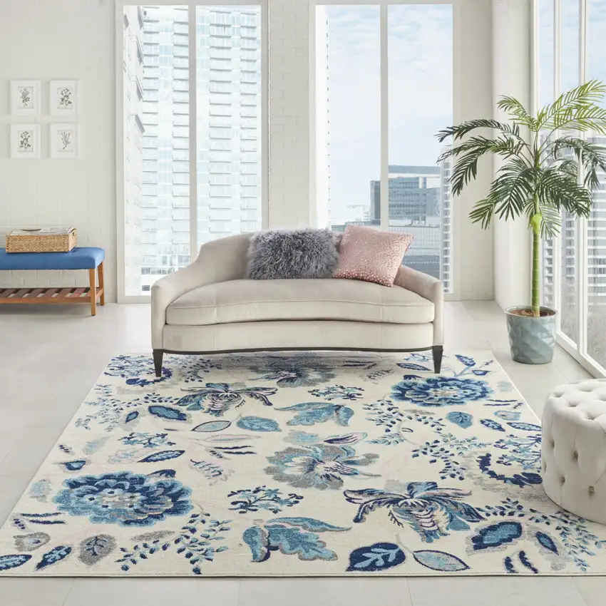 Ivory And Blue Floral Area Rug Photo 3