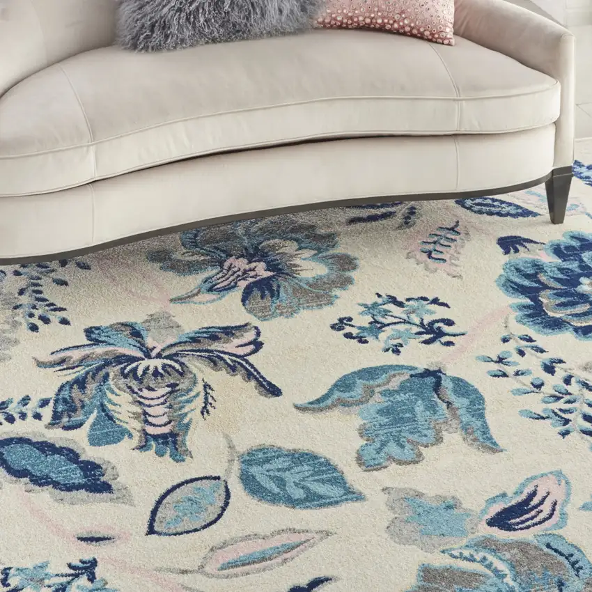 Ivory And Blue Floral Area Rug Photo 4