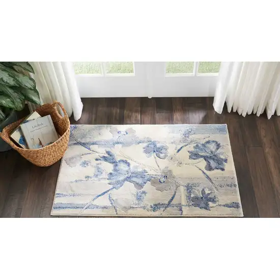 Ivory And Blue Floral Area Rug Photo 5