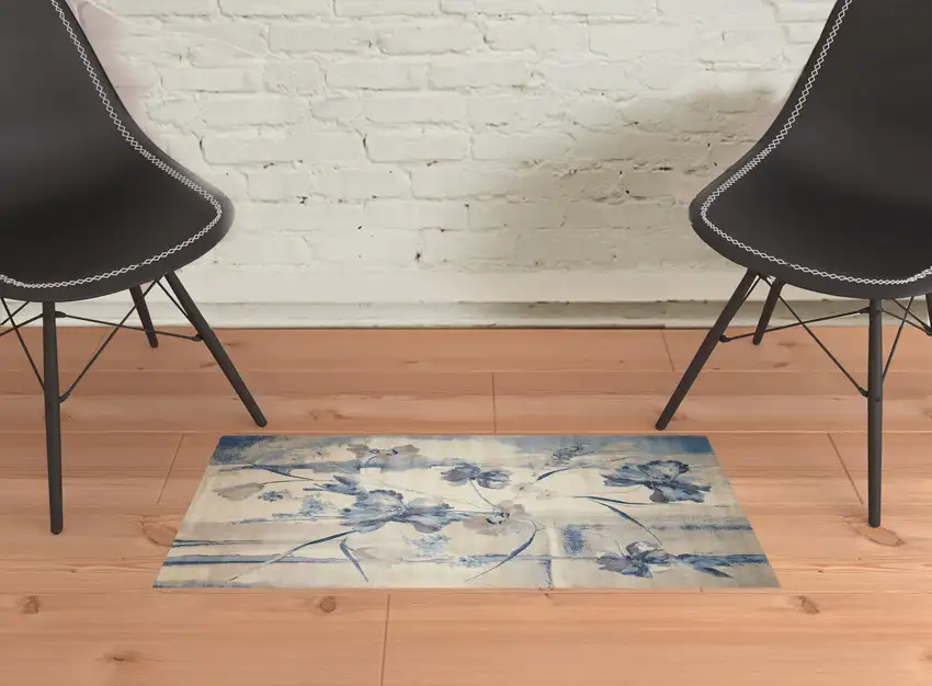 Ivory And Blue Floral Area Rug Photo 1