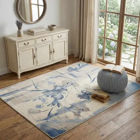 Ivory And Blue Floral Area Rug Photo 1