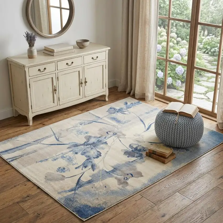 Ivory And Blue Floral Area Rug Photo 1