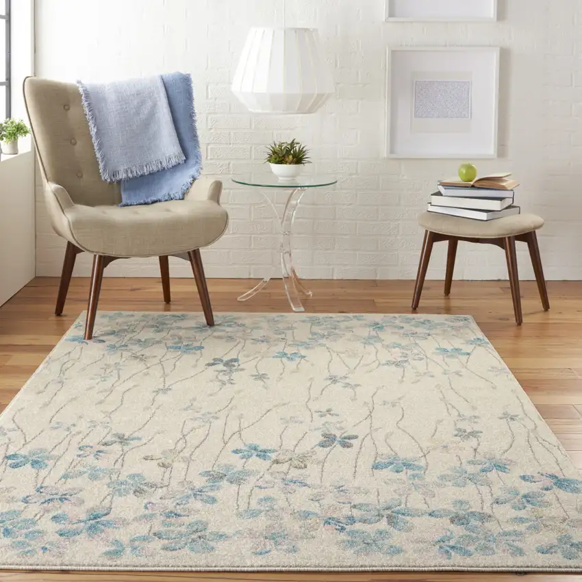 Ivory And Blue Floral Area Rug Photo 4