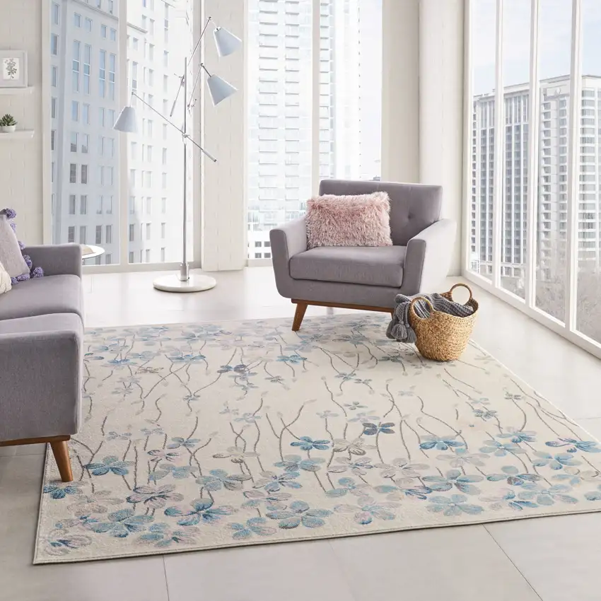 Ivory And Blue Floral Area Rug Photo 5