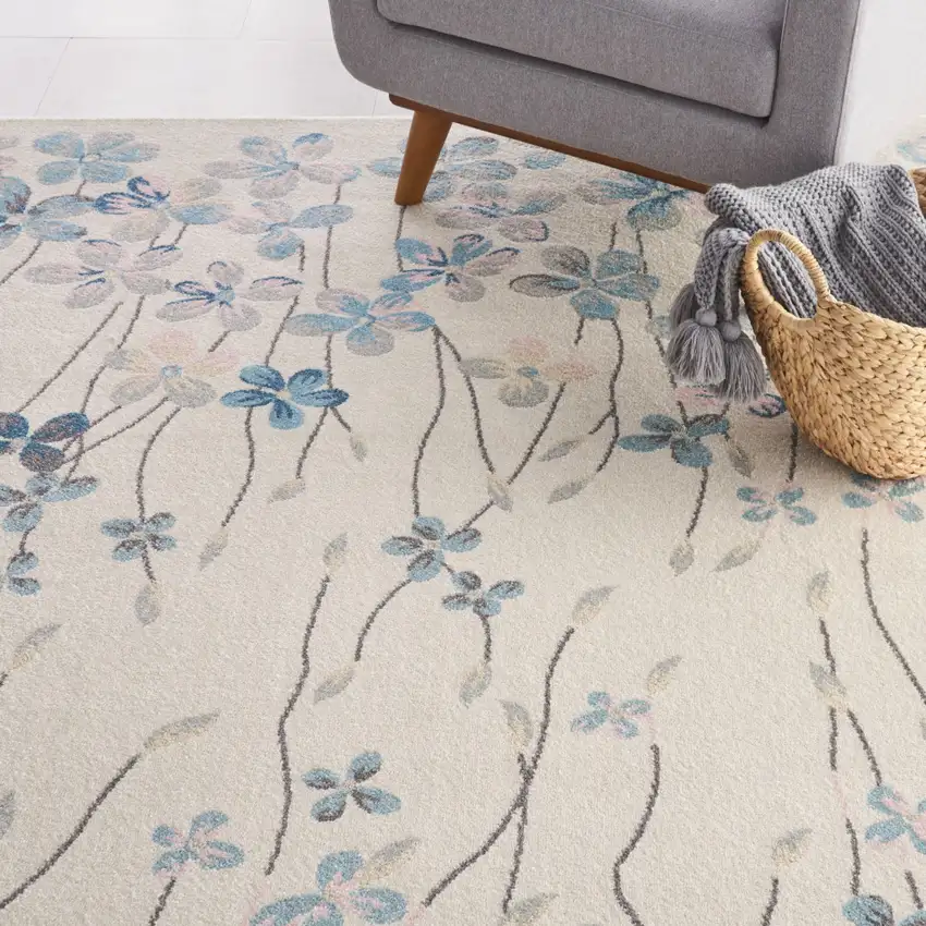 Ivory And Blue Floral Area Rug Photo 9