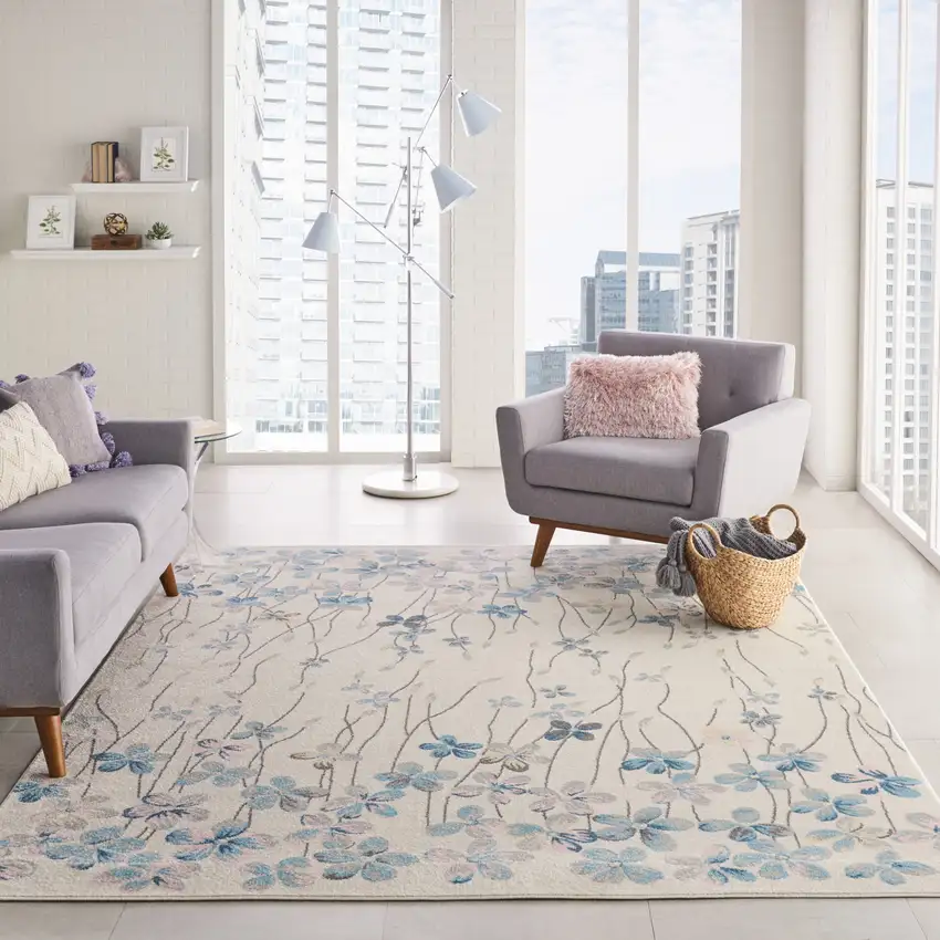 Ivory And Blue Floral Area Rug Photo 3