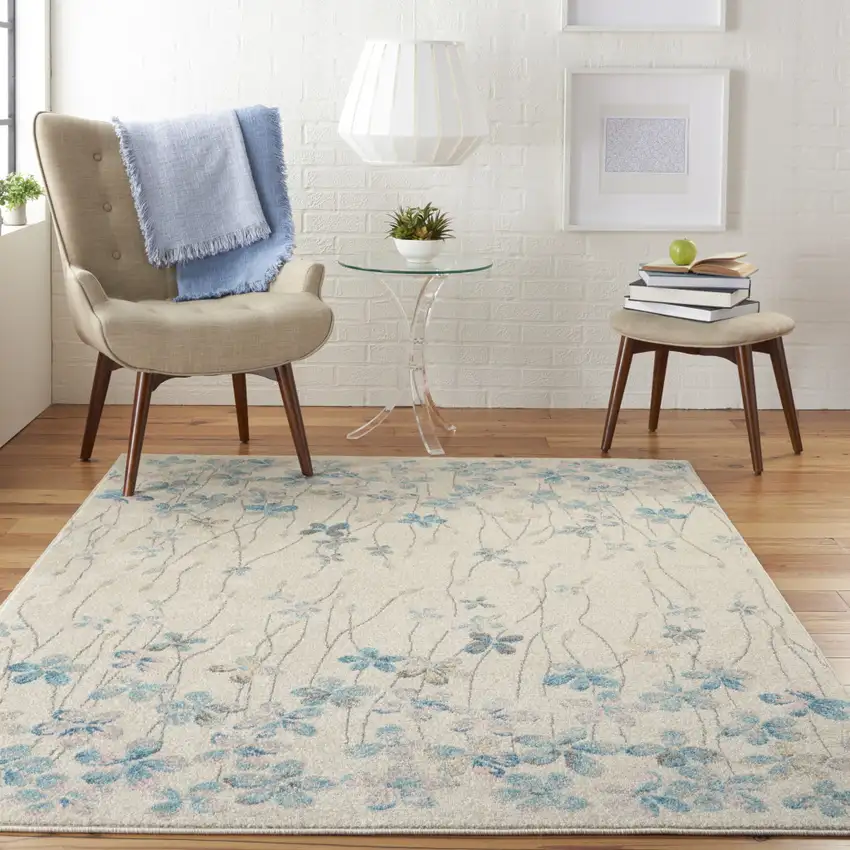 Ivory And Blue Floral Area Rug Photo 5