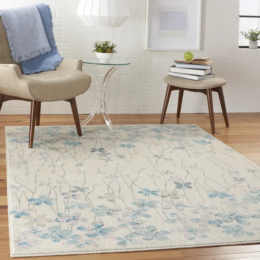 Ivory And Blue Floral Area Rug Photo 6