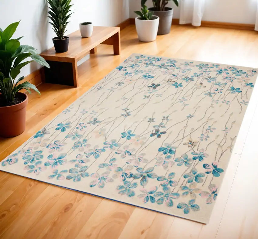 Ivory And Blue Floral Area Rug Photo 1