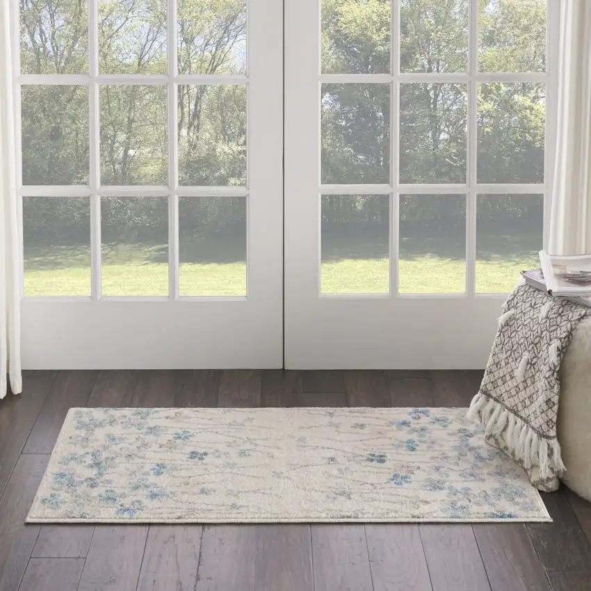Ivory And Blue Floral Area Rug Photo 3