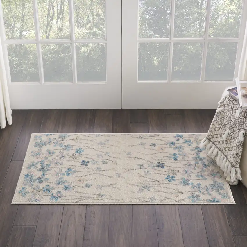 Ivory And Blue Floral Area Rug Photo 4
